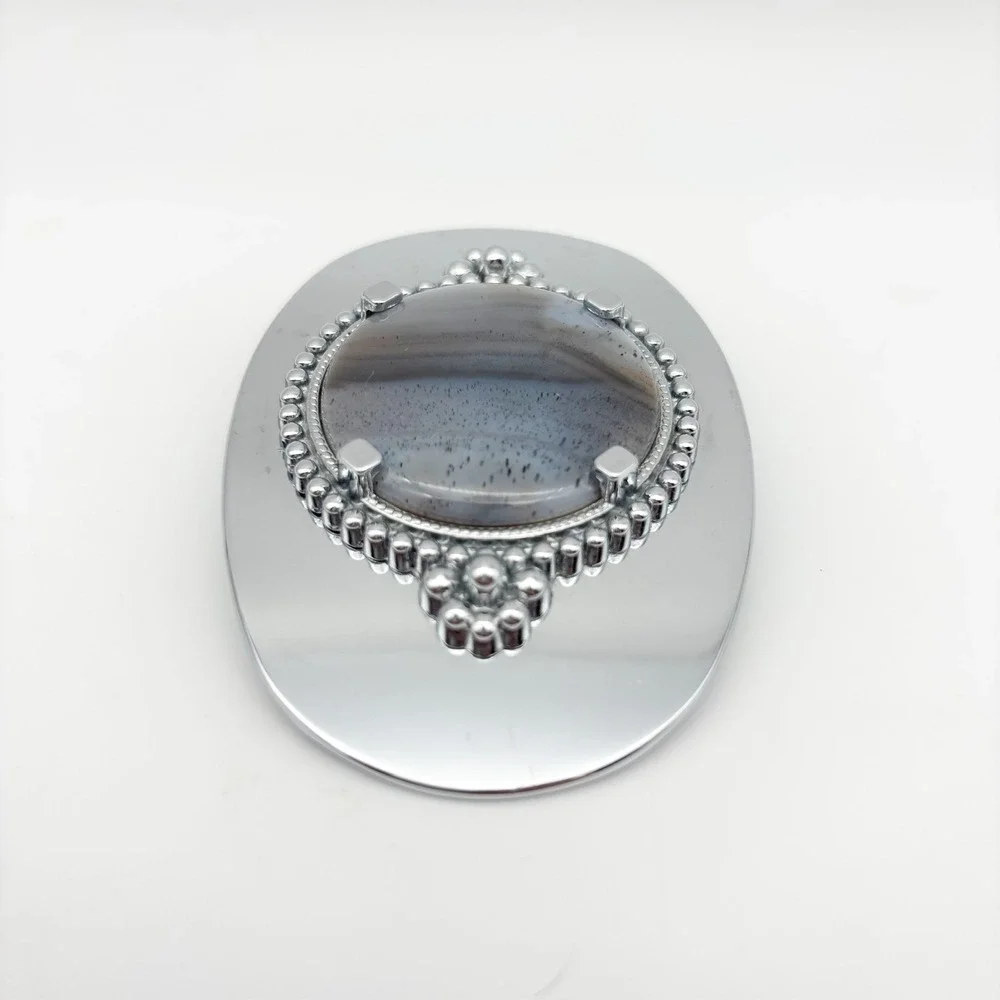 Retro Western Style Gray Agate Bolo Tie & Oval Belt Buckle Set
